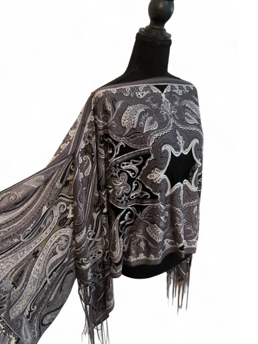 Kokomo Fringe Top Sheer Shawl Paisley Poncho Sparkle Flowy Festival Tassels Gray